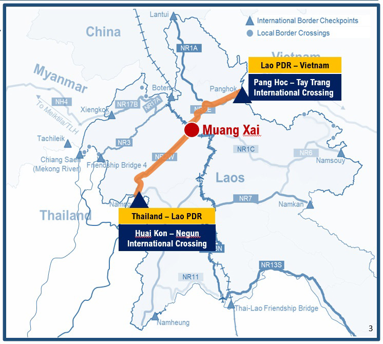 Map of east-west economic corridor along National Road 2 in Laos 